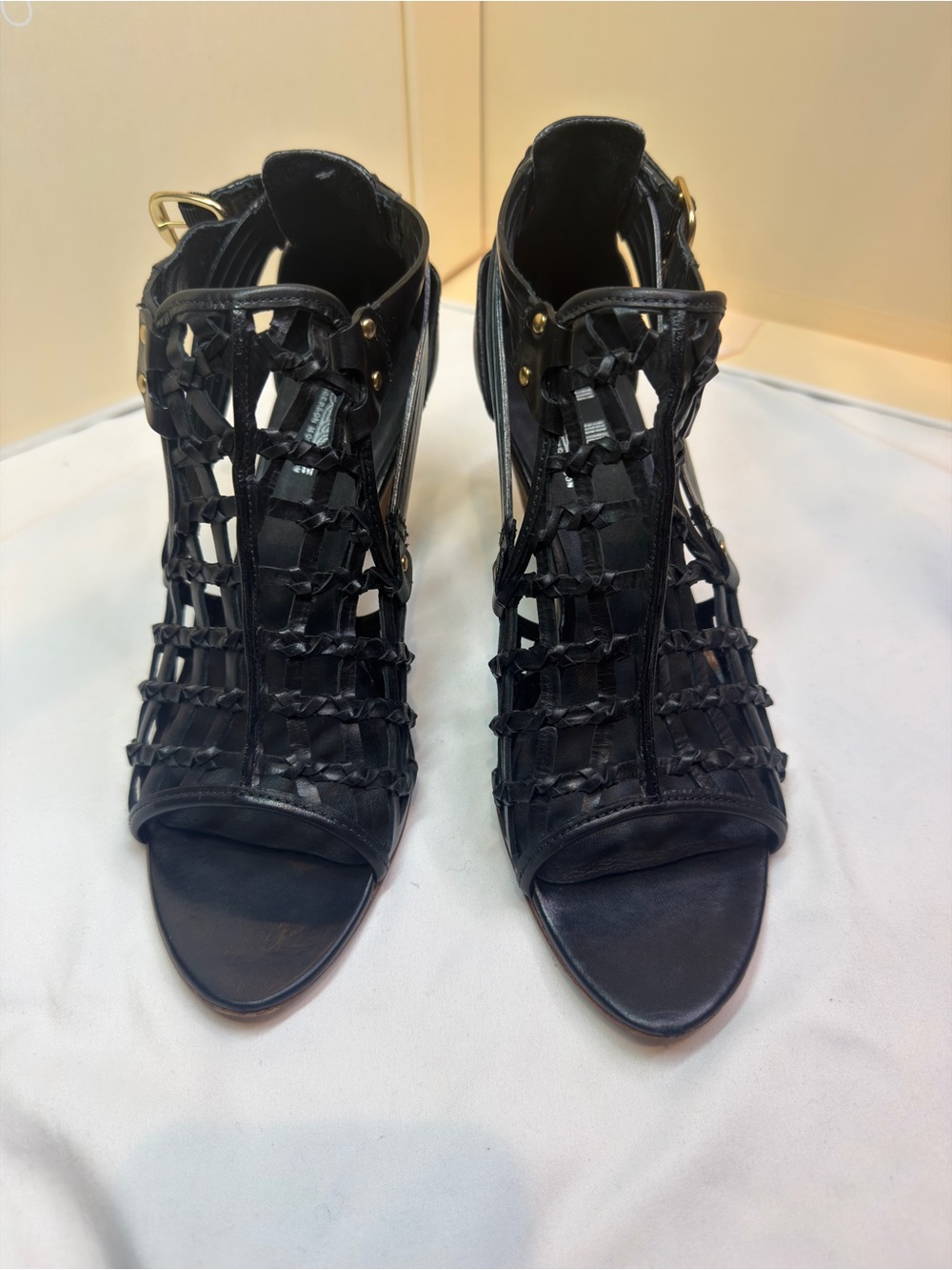 Belle by Sigerson Morrison Black Woven Open-Toe Ankle Heels with Gold Buckle